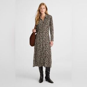 Madewell NWT Black & tan Floral Ruched Midi Shirt Dress | Sz 6